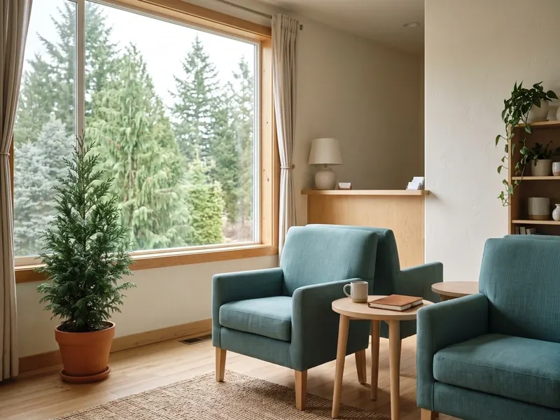 A waiting area with teal armchairs, a potted evergreen and a large window.