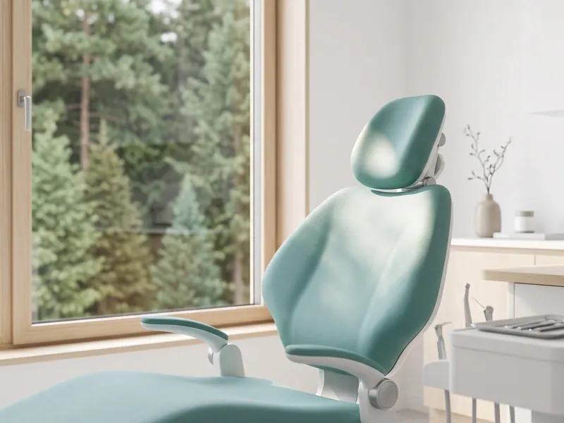 A teal dental chair beside a window looking out onto evergreen trees.