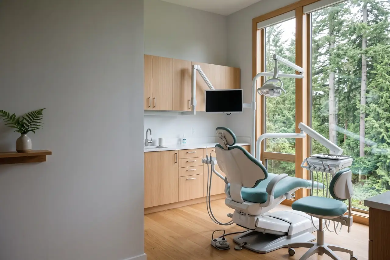 A bright dental treatment room with a teal chair and a large window onto evergreen trees.