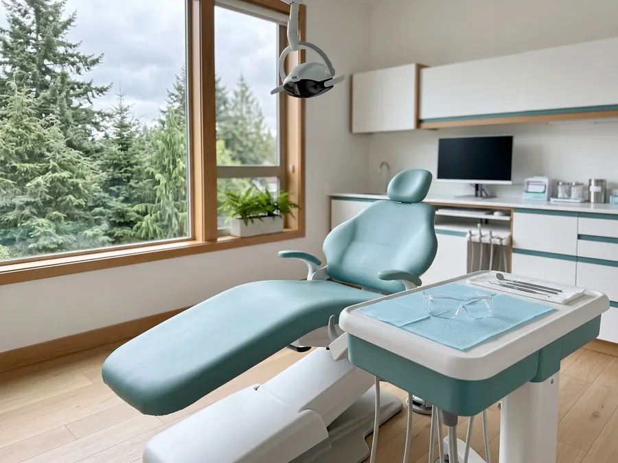 A teal dental chair and an instrument tray set out beside a window.