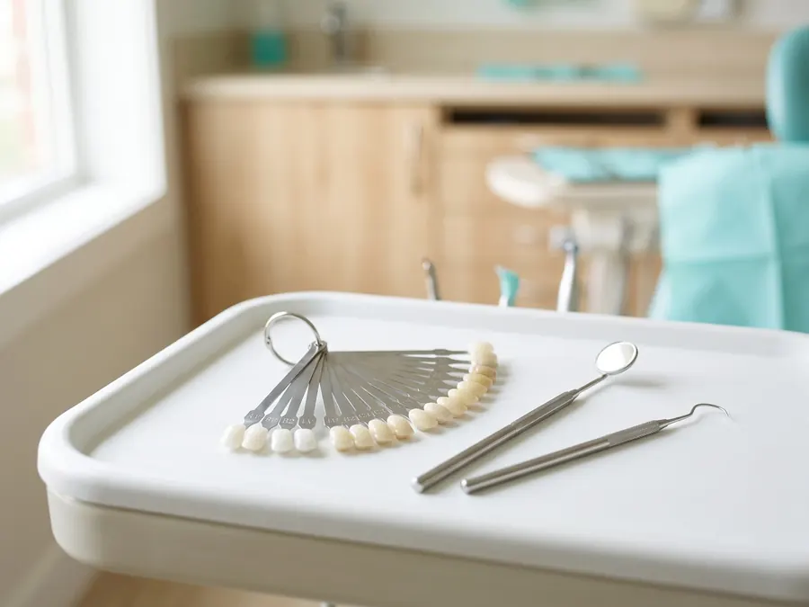 A porcelain shade guide, a dental mirror and an explorer on a white tray.