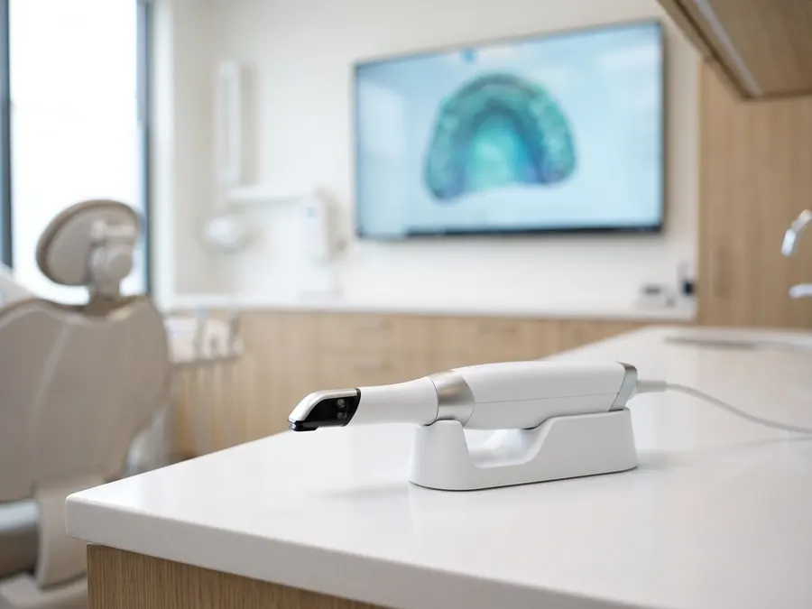 An intraoral scanner in its cradle, with a 3D scan of a dental arch on a screen behind it.
